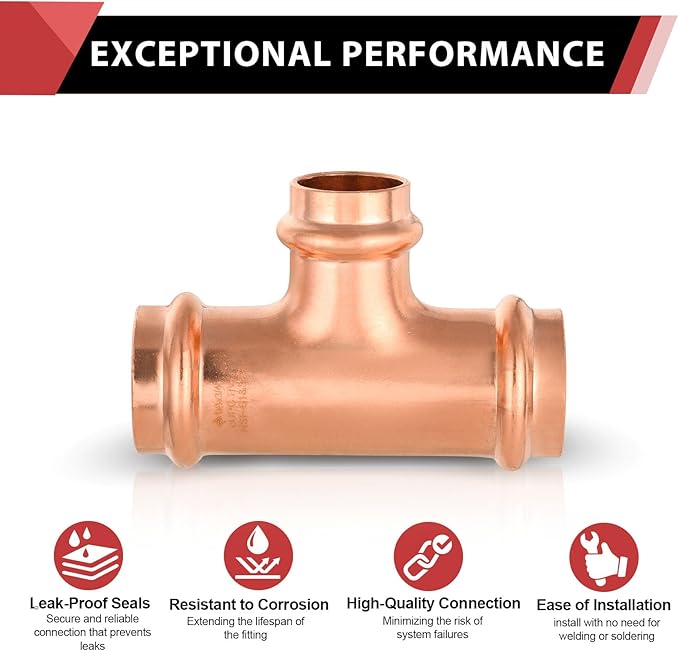 (Pack of 5) EFIELD 1" x 1" x 3/4" Copper Press Fit Tee Copper Fitting For Copper Tube Connection, LBP Design,(PRESS010)
