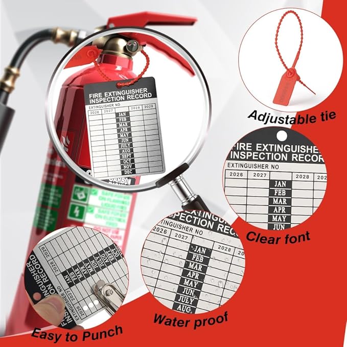 25 Sets 2026–2029 Fire Extinguisher Tags Aluminum Metal Inspection Record Tags 2.2 x 3 Inch with Hole Puncher & Numbered Security Zip Ties for Monthly Fire Extinguisher Inspection Indoor Outdoor
