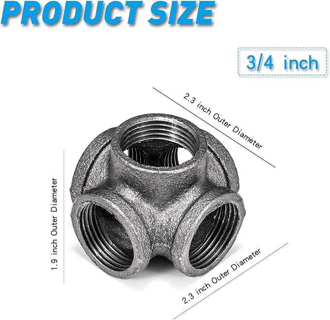 3/4" 5-Way Side Outlet Tee, Home TZH 4-Pack 5-Way Corner Gray Malleable Cast Iron Pipe Fitting for Industrial Pipe, Furniture and DIY Decoration (4, 3/4")