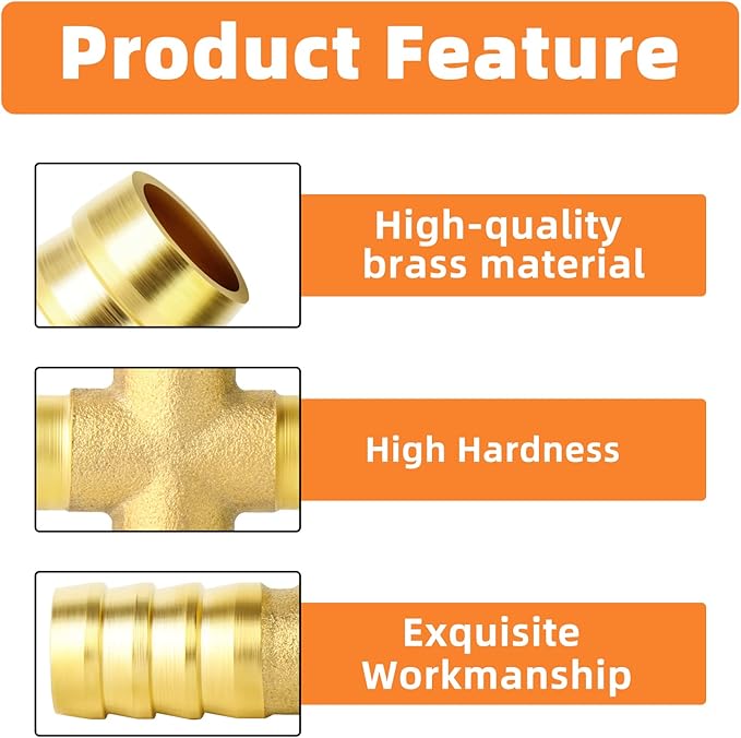 GASHER 5PCS 5/8" Brass Hose Barb, 4-Way Hose Fitting with 20 Hose Clamp Intersection/Lquid/Fuel/Air