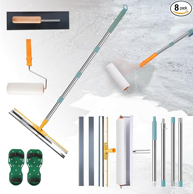 Epoxy Self Leveling Floor Tool Set, Stainless Steel Trowel with Extension Pole, Floor Roller, Self-Leveling Rake, Nail Shoes, Complete 8 Pcs Tool Set for Concrete Cement Floor Construction