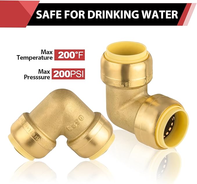 (Pack of 2) EFIELD 3/4-inch 90-Degree Elbow, Push-Fit Brass Fittings to Connect Copper, PEX, CPVC Pipe with 3/4" Disconnect Clip,(PF-UNI010)