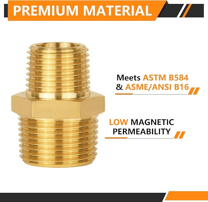 100-PCs HeSun Brass Hex Nipple Pipe Fitting, 3/4" NPT Male x 1/2" NPT Male Hex Pipe Adapter