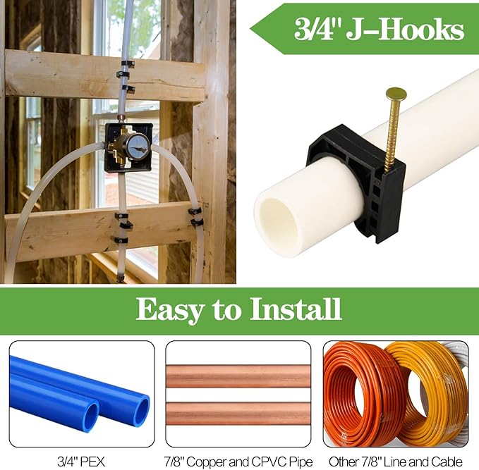 200 Pack 3/4" Half Clamps J-Hook with Nails Set, J Clamps for PEX, Copper, CPVC Tubing Connections