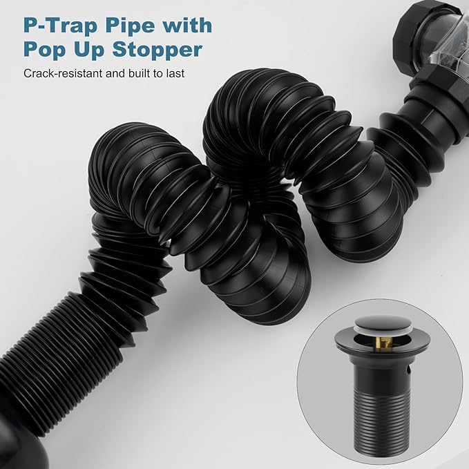 iFealClear Bathroom Sink Drain Kit, Flexible P-Trap Drain Pipe with Pop Up Stopper, Expandable Bathroom Sink Pipe Replacement with 2 Adapters, Fits 1-1/4'', 1-1/2'', 2" Holes, Hair Catcher, Black