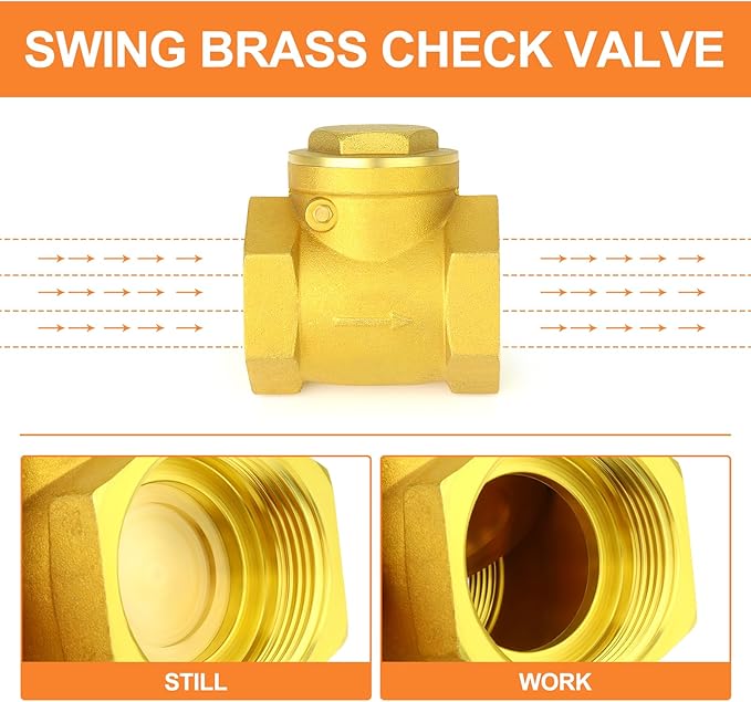 GASHER 1PCS Brass Swing Check Valve 1-1/4" Female Thread, Backflow Prevention, Check Valves for Sump Pump and Air Compressor, Gas Air Fuel Oil Water