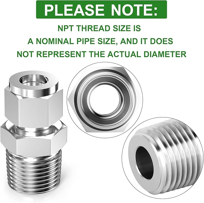TAISHER 2PCS 304 Stainless Steel Compression Tube Pipe Fitting Connector, 3/8" Tube OD x 1/2" NPT Male Straight Adapter