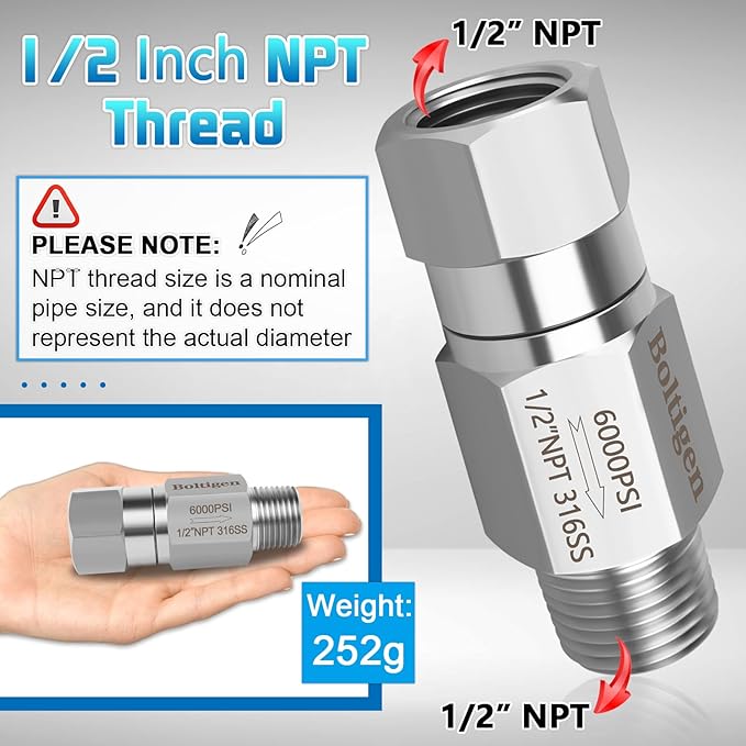 Boltigen 1/2 NPT One Way No Return Check Valve, High Pressure 6000PSI Spring Check Valve, Stainless Steel 316 In-line Ball Check Valve for Well, Pump, Tank, Backflow Prevention