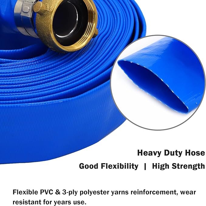 DAVCO 3" ID × 50 ft Pool Backwash Hose, Heavy Duty Reinforced Blue PVC Lay Flat Water Discharge Pump Hoses For Swimming Drain Pools and Clean Filters, With Aluminum Pin Lug Fittings
