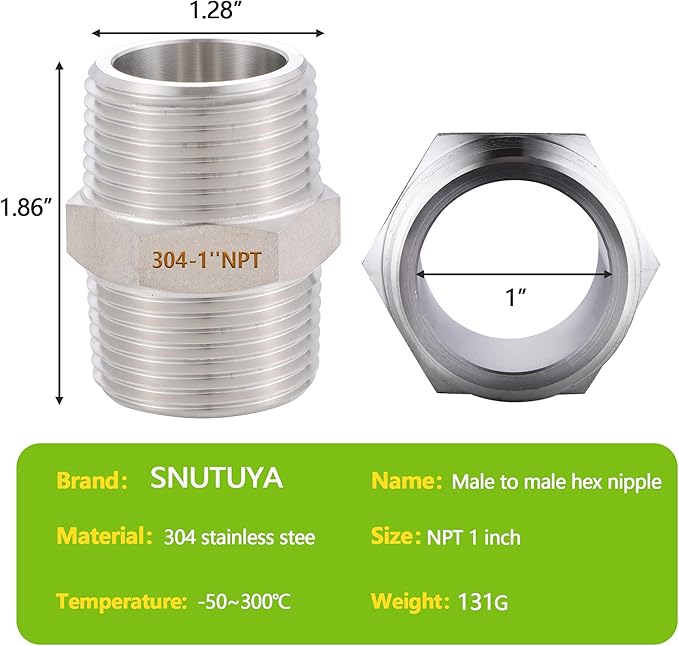4PCS Hex Nipple 1" x 1" Male Pipe Fittings, 304 Stainless Steel 1 inch NPT Threaded Pipe Adapter Fittings, Male Straight Connector Pipe Fitting
