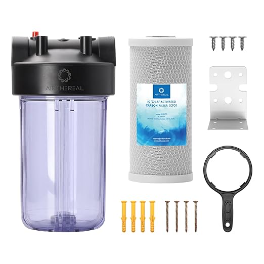 Airthereal Whole House Water Filter Clear Housing, 10" x 4.5" Sediment Carbon Cartridge Universal Housing, Pre-Filtration System for Well and City Water, 3/4" NPT Port, Includes 1-Pack CTO Filter