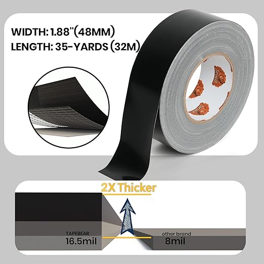 TAPEBEAR Duct Tape Heavy Duty Waterproof 1.88" x 35 Yards, 16.5mil Thick Strong Tape, UV Resistant, All-Weather, No Residue, Super Strength for Industrial Use Indoor Outdoor Repairs, Black