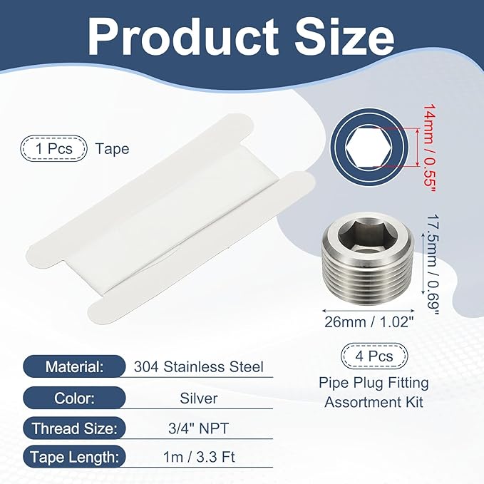 PATIKIL 3/4" NPT Male Internal Hex Pipe Fitting, 6 Pcs 304 Stainless Steel Pipe Plug Fitting Assortment Kit Countersunk Thread Head Socket Pipe Plug Fitting Adapter with Tape, Silver