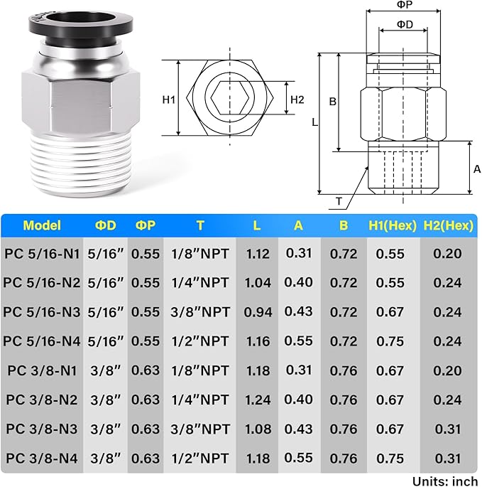TAILONZ PNEUMATIC Male Straight 3/8 Inch Tube OD x 3/8 Inch NPT Thread Push to Connect Fittings PC-3/8-N3 (Pack of 5)