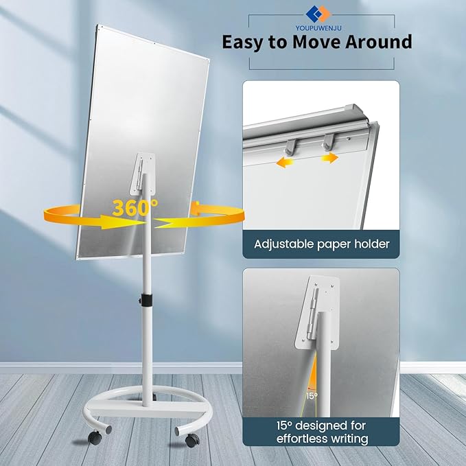 Rolling Whiteboard Magnetic Writeboard 40"x28" Flip Chart with 5 Wheels Easel-Style Dry Erase Boards Message Bulletin Board (White)