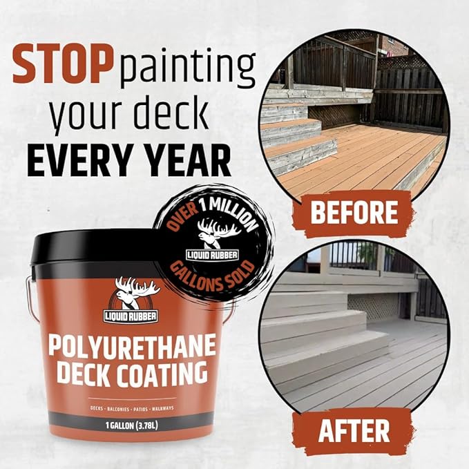 Liquid Rubber Polyurethane Deck Coating – 10X Stronger Than Traditional Deck Paint & Deck Stain – Flexible, Waterproof Sealant for Wood, Concrete & Plywood – Textured Finish – Stone Gray – 1 Gallon