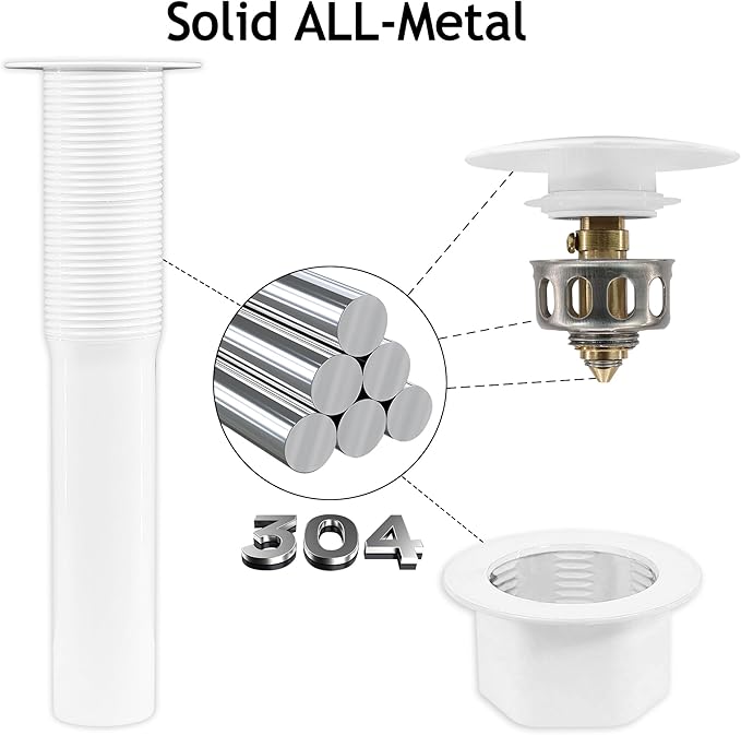 Bathroom Sink Drain,2 Pack White Drain Stopper Bathroom Sink Without Overflow,Pop Up Drain Assembly with Detachable Strainer Basket,Built-in Anti-Clogging, Stainless Steel Nut