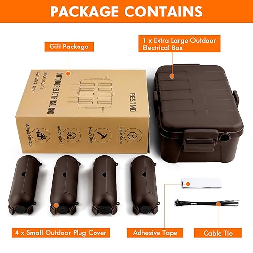 RESTMO 5-Piece Outdoor Waterproof Electrical Box Set – 12.5" x 8.5" x 5" Large & 7.1" x 2.3" x 2.3" Small, Weatherproof Boxes for Power Strip, Outlet, Plug, Socket, Timer, Holiday Light, Brown