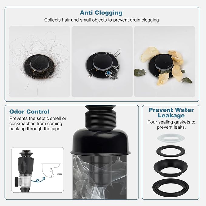 iFealClear Bathroom Sink Drain Kit, Flexible P-Trap Drain Pipe with Pop Up Stopper, Expandable Bathroom Sink Pipe Replacement with 2 Adapters, Fits 1-1/4'', 1-1/2'', 2" Holes, Hair Catcher, Black