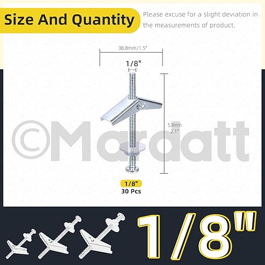 30 Sets 1/8" Toggle Bolts and Wing Nuts, Metal Toggle Bolts Round Head Toggle Wing Nut Bolt Set Butterfly Toggle Anchors for Hanging Heavy Items on Drywall