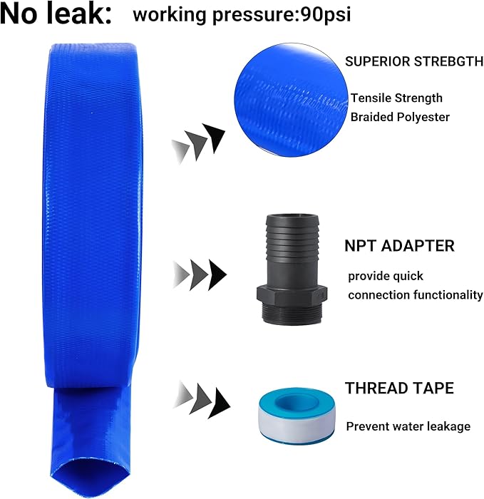 2" (Flat 3.4’’ width) x 100 FT Pool Backwash Hose Kit with Male NPT Adapter, Blue Reinforced Pool Drain Discharge Hose for Swimming Pool Filter Pump,with 2 Clamp and Thread Seal Tape