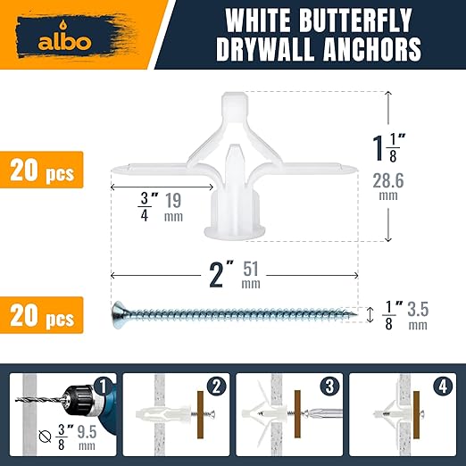 ALBO Drywall Anchor Kit with Screws - 120 Pcs Hollow Wall Set (Grey Butterfly, White Butterfly, Self Drilling, Screws) - Plastic Anchors for Drilling Hollow Walls