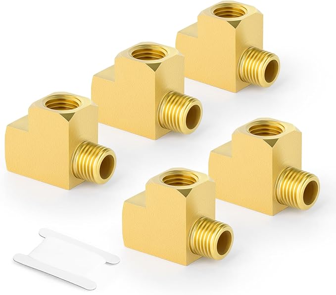 GASHER 5Pcs Brass Tee Fitting, 1/4" FNPT x 1/4" FNPTx 1/4" MNPT Pipe Fittings, Male Run Tee