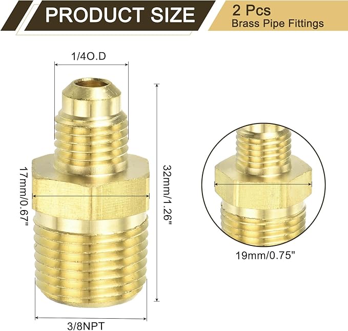 uxcell Brass Tube Fitting, 1/4O.D x 3/8NPT Brass Flared Pipe Adapter Fittings Reducing Nipples Connector, Half Union Gas Adapter for Pipe Connections, Hydraulics, Refrigeration