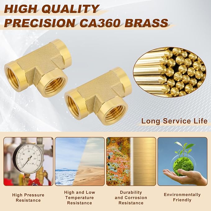 2pcs 1/4" Brass Tee Fittings 1/4" NPT Female Pipe to 1/4" NPT Female Pipe to 1/4 Inch NPT Female Brass Barstock Street Tee Pipe Fittings 3 Way Forged Brass Fittings