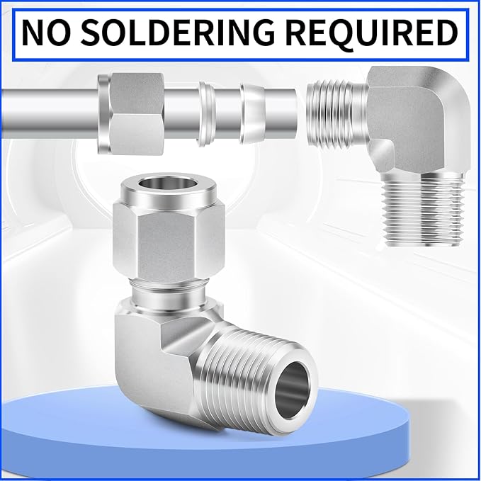 ChillWaves 304 Stainless Steel Compression Tube Fitting, 1/4" OD x 3/8" NPT Male 90 Degree Elbow Compression Union Connector(2-PACK)