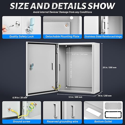 Steel Electrical Junction Box, 20 x 12 x 10 inch Waterproof & Dustproof Electrical Enclosure, Outdoor & Indoor Universal Project Box with Lock & Mounting Plate