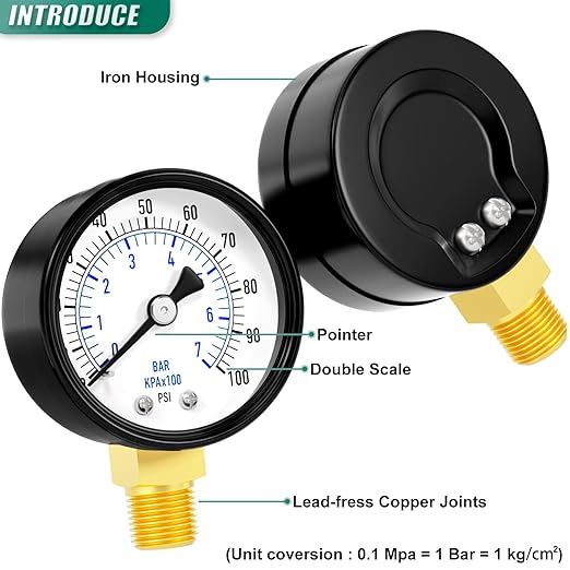 0-100psi Well Pump Pressure Gauge 1/4" NPT 2" Face Dial Size Lower Mount, Multifunctional Practical Dry Pressure Gauge, for Water, Oil and Air Compressor