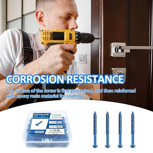 100PCS Concrete Screws Assortment Kit, 1/4" x1-1/4 Masonry Screws with Drill Bit and Driver Bit, Flat Head Cement Screws and Anchor, Diamond Point, Self Tapping Concrete Brick or Stucco, Blue Coated