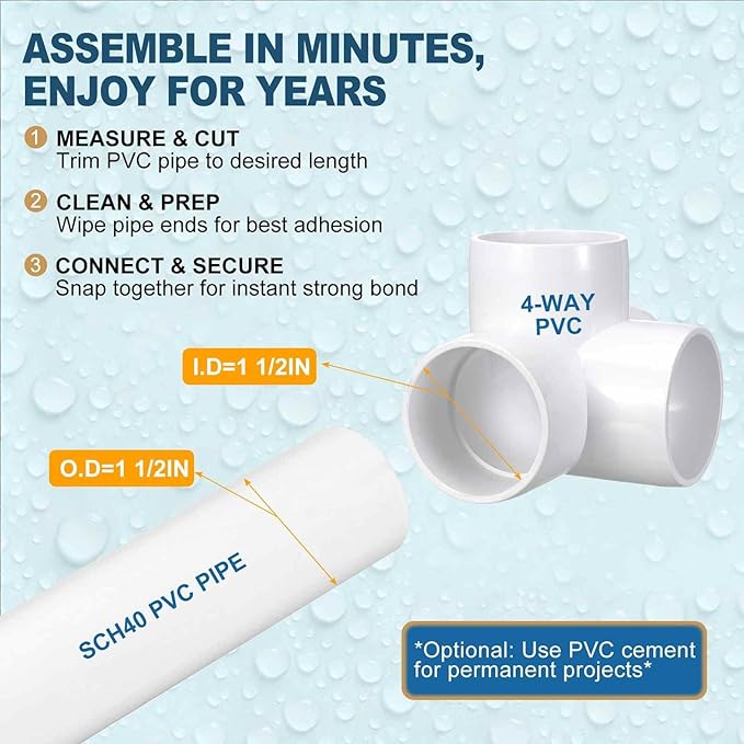6 Pack 1 1/2" SCH40 PVC Elbow Pipe Fitting, 4-Way PVC Elbow Corner Side Outlet Tee Fitting, Furniture Grade Pipe Connectors for DIY Project, Pond Protection, Socket x Socket