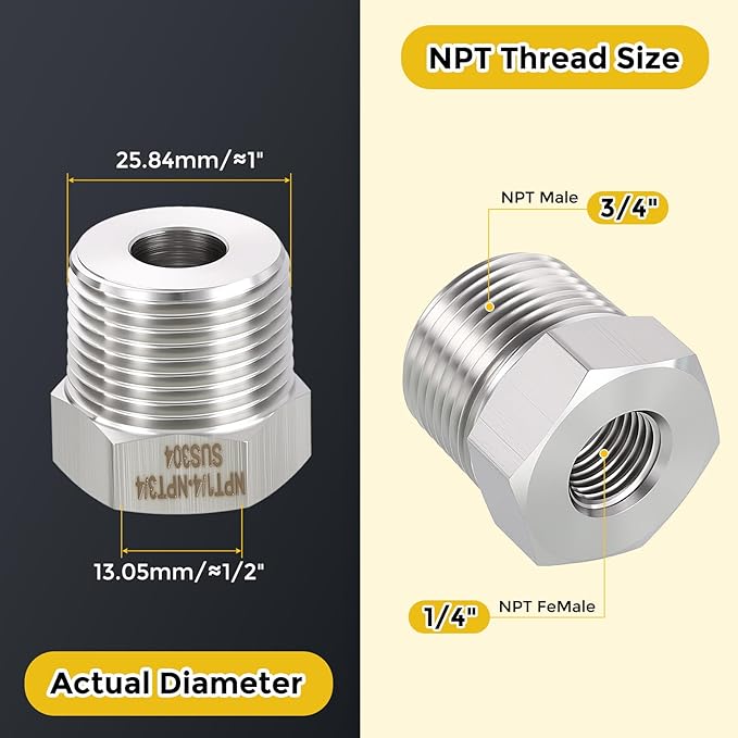 METALLIXITY 2PCS 3/4" Male NPT x 1/4" FeMale NPT Thread 304 Stainless Steel Hex Bushing Extension Tube Adapters Convert for Water Tub Spout/Shower