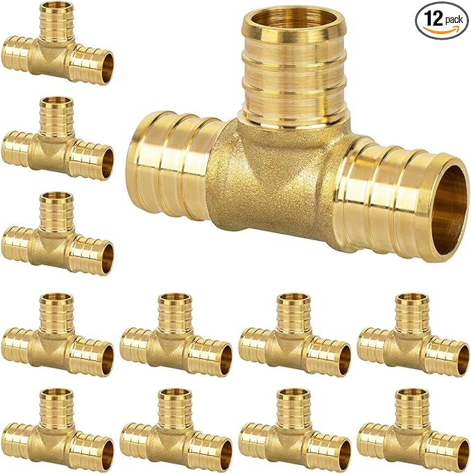 12 Pack 1/2" PEX Tee, PEX Fittings, Heavy-Duty Brass Crimp Fittings for PEX Pipes with Leak-Resistant Construction, NSF & UPC Certified