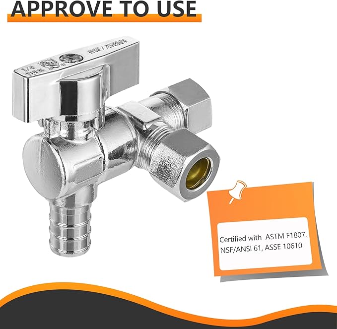10-PCs HeSun Barb Crimp Inlet Angle Stop Valve, Quarter-Turn 1/2" PEX-B x 3/8" OD x 3/8" OD Compression, Dual Compression Outlet Shut Off Valve, PEX Chrome Plated Brass, ASTM F1807(VALVE200-10)