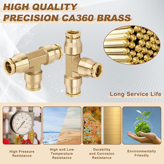 3/8" Quick Push to Connect Fittings Brass Union Tee Shaped Joint DOT Approved 3/8 Inch OD 3 Way Tube Air Line Adapter Air Spring Suspension Kit for Car Truck Trailers and Air Brake System 5pcs