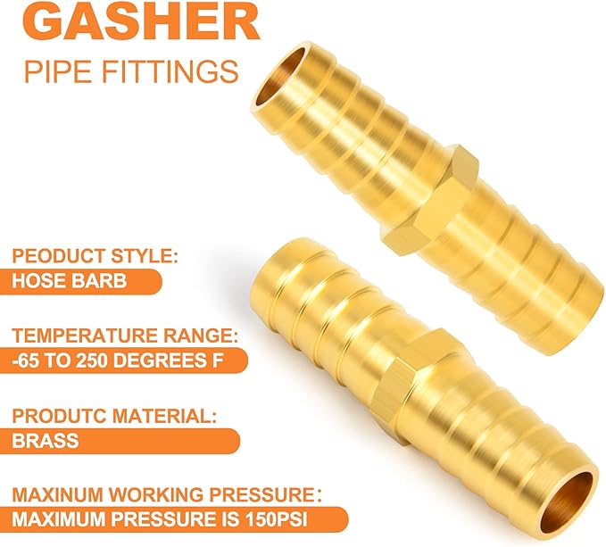 GASHER 20 Pieces Brass Hose Barb Reducer, 1/4 Inch to 1/4 Inch(6.35mm) Barb Hose ID with 40 Hose Clamp, Brass Barb Reducer SPLICER Fitting Fuel/AIR/Lquid/Oil/Gas/WOG