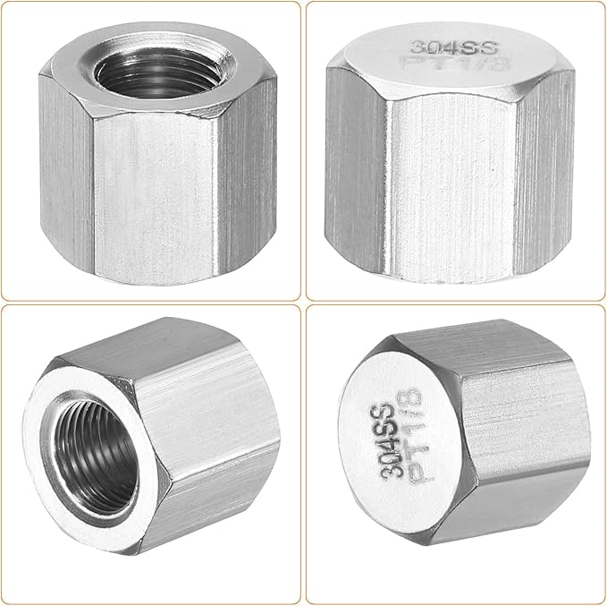 uxcell 2pcs Hex End Cap 304 Stainless Steel Nut with Washer, PT 1/8" Female Thread Pipe Fitting, Gas Line Water Line Stop Valve Cap Tubing Ends for Plumbing Fittings, Silver Tone