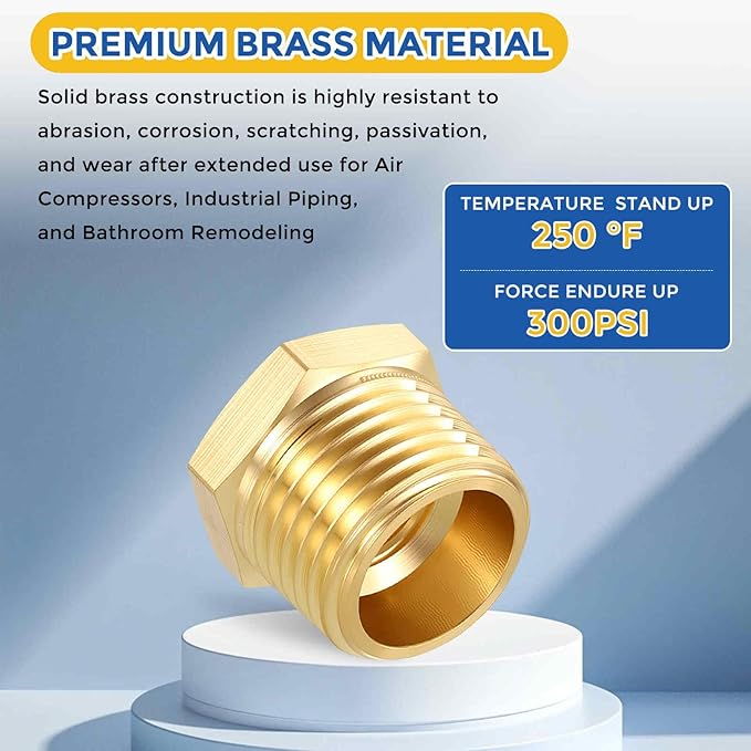 4 Packs Brass Pipe Fittings, 1/2" Male NPT to 1/4" FeMale NPT Brass Hex Bushing Reducer, Hose Tube Threaded Adapter for Air, Oil, LP