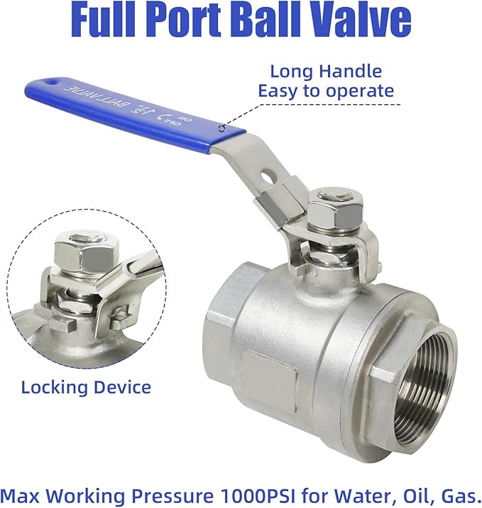 YADIAN 2 Pack 1-1/2'' Ball Valves Stainless Steel 304 NPT Female Full Port Ball Valve Heavy Duty Shut Off Valve 1-1/2 inch for Water, Oil, and Gas with Locking Device, 1000 WOG