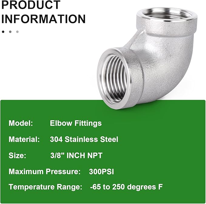 TAISHER 5PCS 304 Stainless Steel 90 Degree Elbow Fittings, 3/8 Inch NPT Female Pipe to 3/8 Inch NPT Female 304 Stainless Pipe Fitting