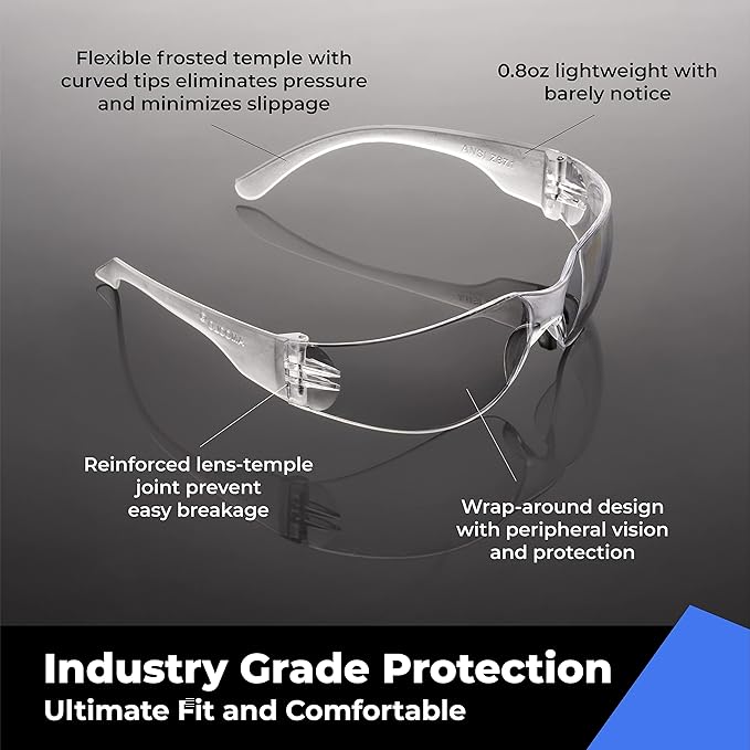 amoolo Safety Glasses for Men Women, Clear Eye Protection for Worl, Lab, Construction (Clear/Adult's Size, 144 Pack)
