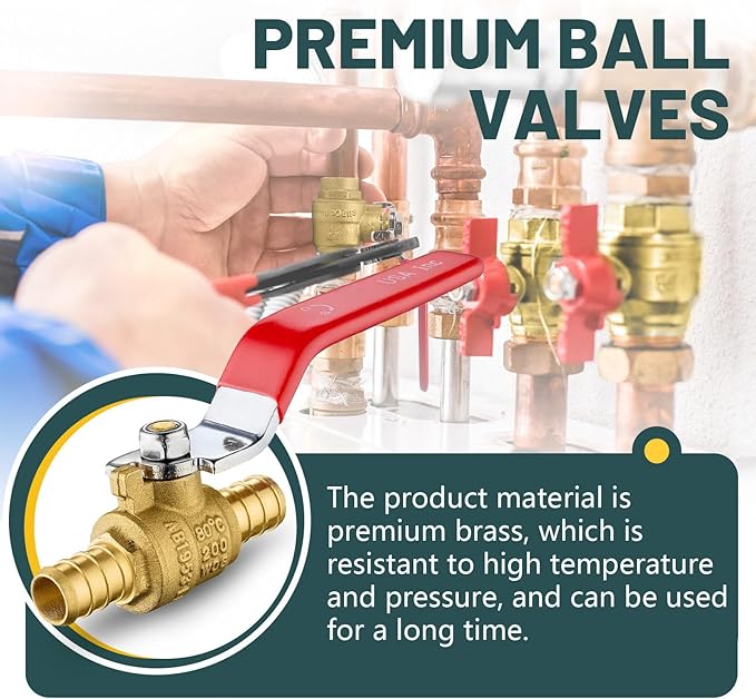 8 Pack Ball Valves, 1/2" Pex Crimp Shut Off Valve Red, Brass Full Port Pex B Shut Off Ball Valve for Hot and Cold Water, NSF/ANSI 61 Certified