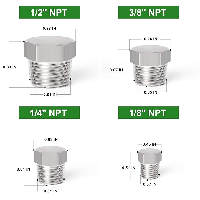 TAISHER 16PCS Stainless Steel Outer Hex Thread Socket Pipe Plug Fitting 1/8" 1/4" 3/8" 1/2" NPT Male