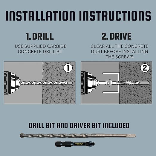 Velocity 2 1/4 Concrete Screws Set (Flat Head, 1/4") – Includes 12 Pcs High-Performance Masonry Screws, Stick Tight Technology, 1 PSD ACR Drive Bit and 1 Carbide Concrete Drill Bit Brick Screws