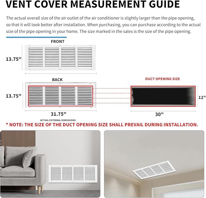 Return Vent Cover 30 x 12(Duct Opening Size),Air Return Vent Cover,Flat Vent Cover,Return Air Grilles,Outer Dimensions:31.75"Wx13.75"H(30"W x 12"H, Duct Opening)