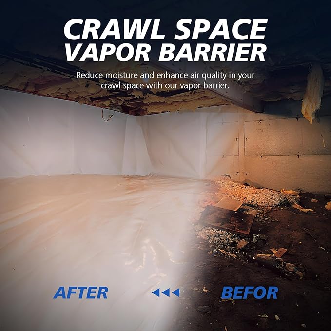 Crawl Space Vapor Barrier - 20 Mil Vapor Barrier - (10' x 50') - Tear Resistant, Heavy Duty Vapor Barrier, Drop Cloth Moisture Barrier Thick Plastic Sheeting Covering for Crawlspace Encapsulation