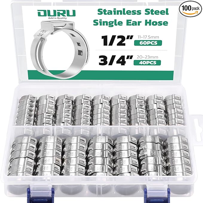100PCS Pex Crimp Rings Assortment,304 Stainless Steel Pex Clamps 1/2",3/4" Single Ear Hose Clamps,Pex Cinch Clamps for Pex Fittings Pipe Tubing